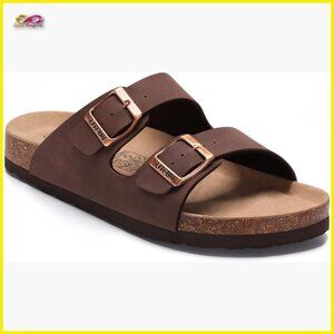 Cork Footbed Slide Sandals Adjustable Buckle Vegan Leather Summer Casual